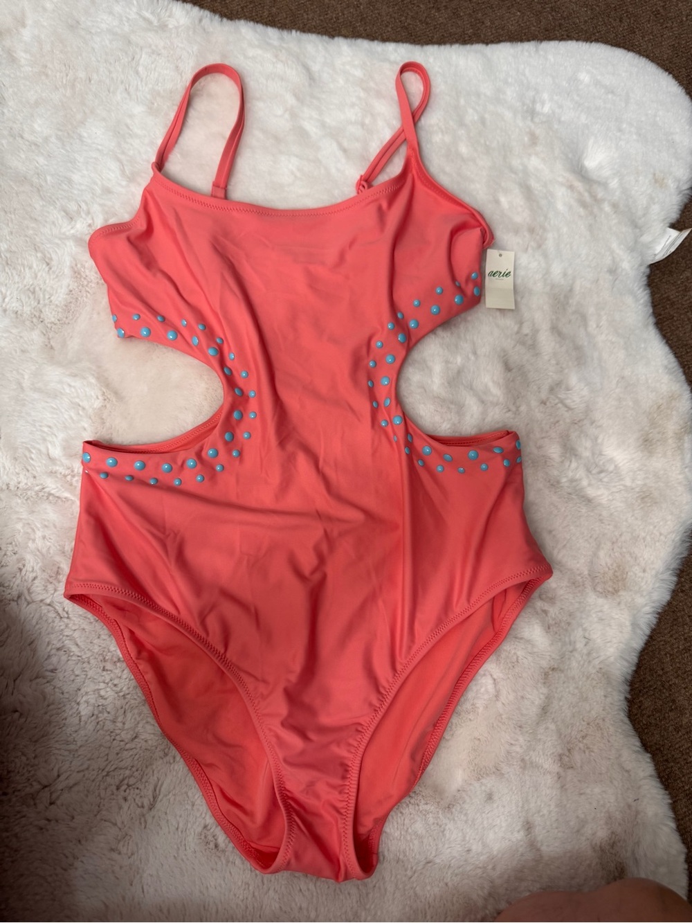 aerie Coral One-Piece Swimsuit with Blue Stud Accents
